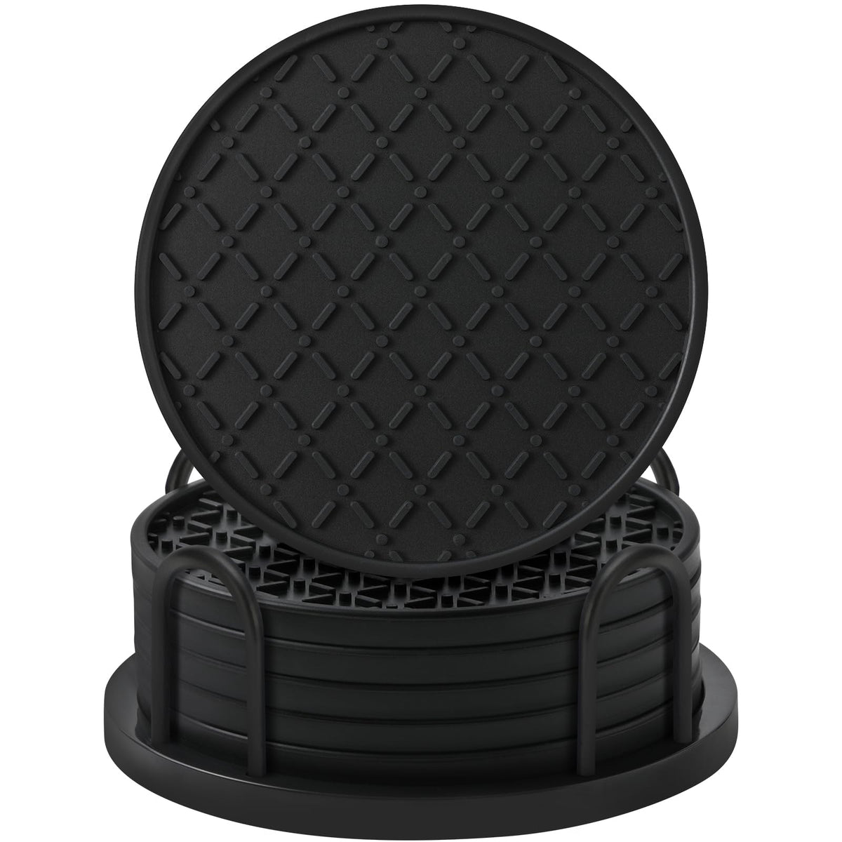 TWTLi Silicone Coasters Set of 8 with Holder, 4 Inch Non-Slip Waterproof Heat Resistant Drink Mats for Coffee Table, Desk, Kitchen, Bar, Outdoor Patio (Black, 6 PCS)