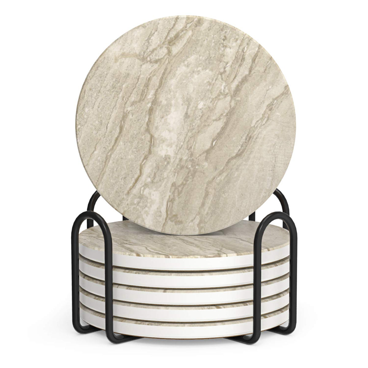 LIFVER Coasters Set of 6, Coasters for Drinks Absorbent Stone with Holder, Black Marble Style Ceramic Drink Coaster for Tabletop Protection, Coffee Table Decor Ideal for Home Decor House Warming Gifts