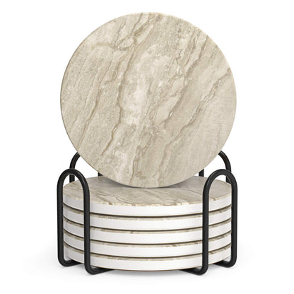 LIFVER Coasters Set of 6, Coasters for Drinks Absorbent Stone with Holder, Black Marble Style Ceramic Drink Coaster for Tabletop Protection, Coffee Table Decor Ideal for Home Decor House Warming Gifts