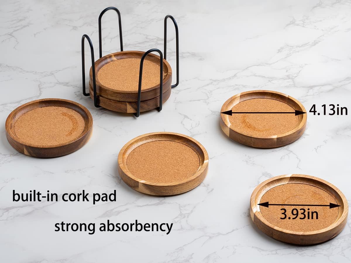 WLWNWFT Coasters for Drinks Absorbent with Holder, Acacia Wood Cork Coaster for Coffee Table Wooden Table Coaster for Farmhouse Desk Extra Large Coasters, Set of 6