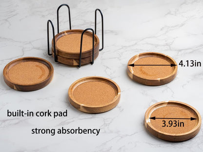 WLWNWFT Coasters for Drinks Absorbent with Holder, Acacia Wood Cork Coaster for Coffee Table Wooden Table Coaster for Farmhouse Desk Extra Large Coasters, Set of 6