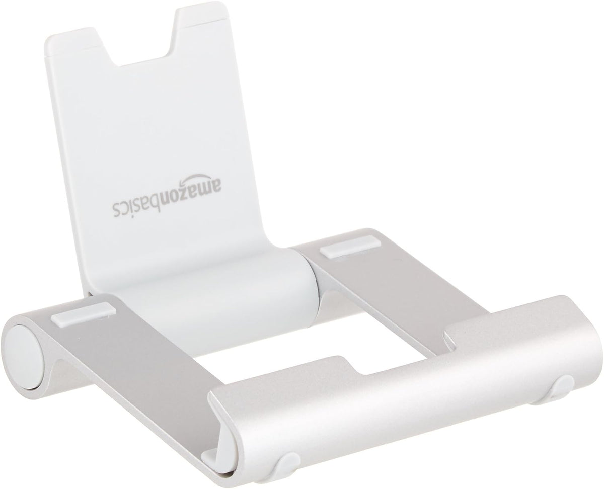 Amazon Basics Multi-Angle Portable Foldable Stand for Tablets, E-Readers and Phones, Non-Slip Desktop Holder for iPads, iPhones, Kindles, Hands-Free Viewing - Silver