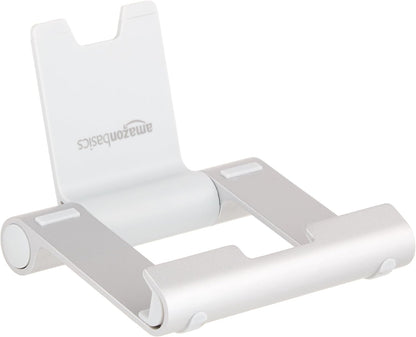 Amazon Basics Multi-Angle Portable Foldable Stand for Tablets, E-Readers and Phones, Non-Slip Desktop Holder for iPads, iPhones, Kindles, Hands-Free Viewing - Silver