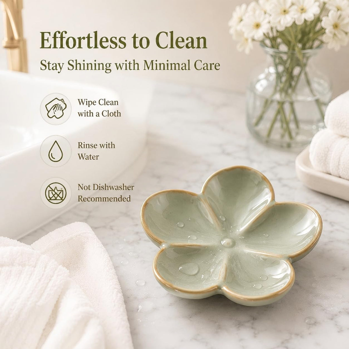 Ceramic Flower Jewelry Ring Trinket Dish Tray, Gifts for Women, Sage Green