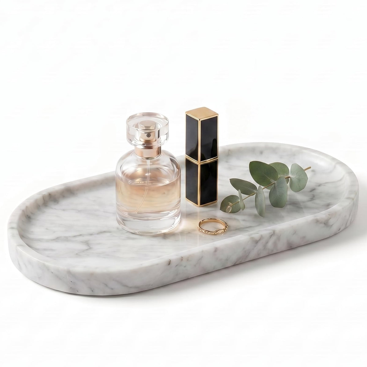 YKAJO Carrara White Gray Oval Marble Tray, 11.8x5.9 Perfume Organizer Dish
