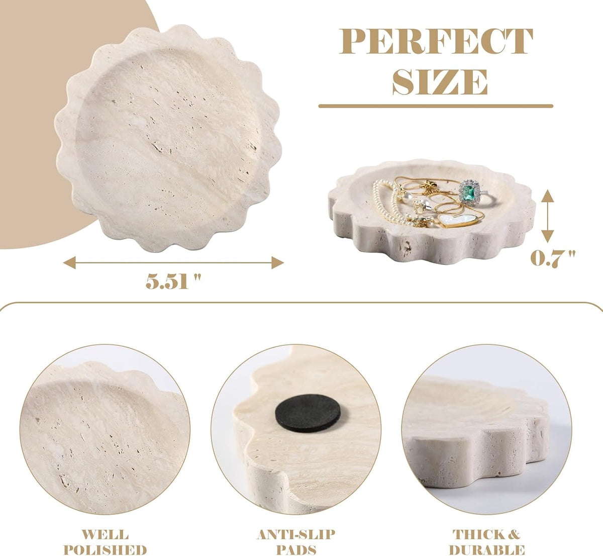 Koville 5.51" Travertine Tray, Natural Stone Trinket Dish for Ring Perfume, Round Scalloped Decorative Tray for Bathroom Vanity Dresser Countertop, Home Table Decor