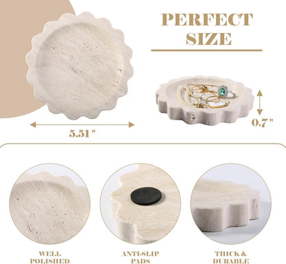 Koville 5.51" Travertine Tray, Natural Stone Trinket Dish for Ring Perfume, Round Scalloped Decorative Tray for Bathroom Vanity Dresser Countertop, Home Table Decor