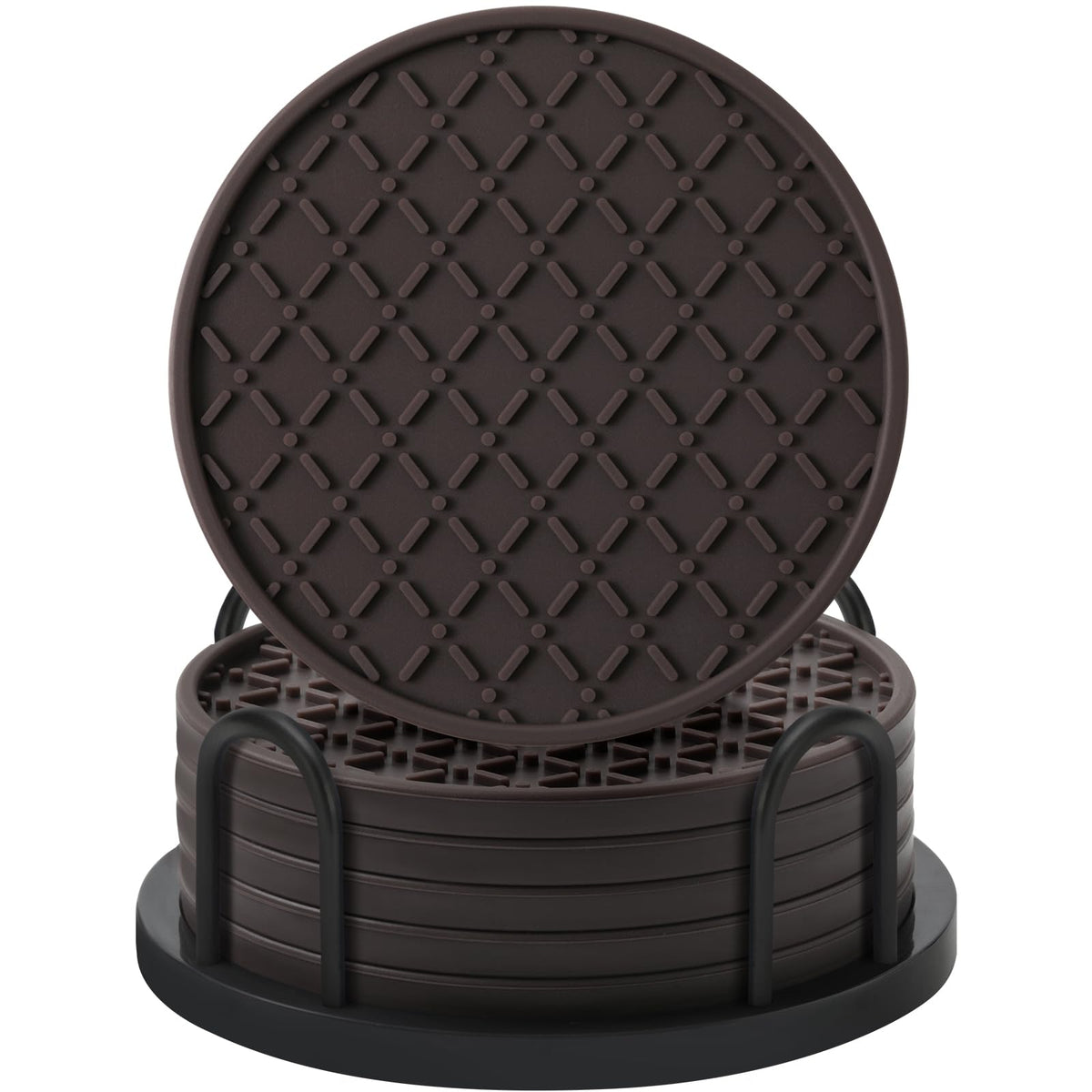 TWTLi Silicone Coasters Set of 8 with Holder, 4 Inch Non-Slip Waterproof Heat Resistant Drink Mats for Coffee Table, Desk, Kitchen, Bar, Outdoor Patio (Black, 6 PCS)