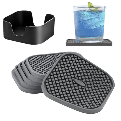 IYYI Silicone Coasters Set of 6, Drink Coasters with Holder, Non-Slip Cup Mat, Deep Tray Absorbent Coaster, Heat Resistant Countertop Protection (Black-Square)
