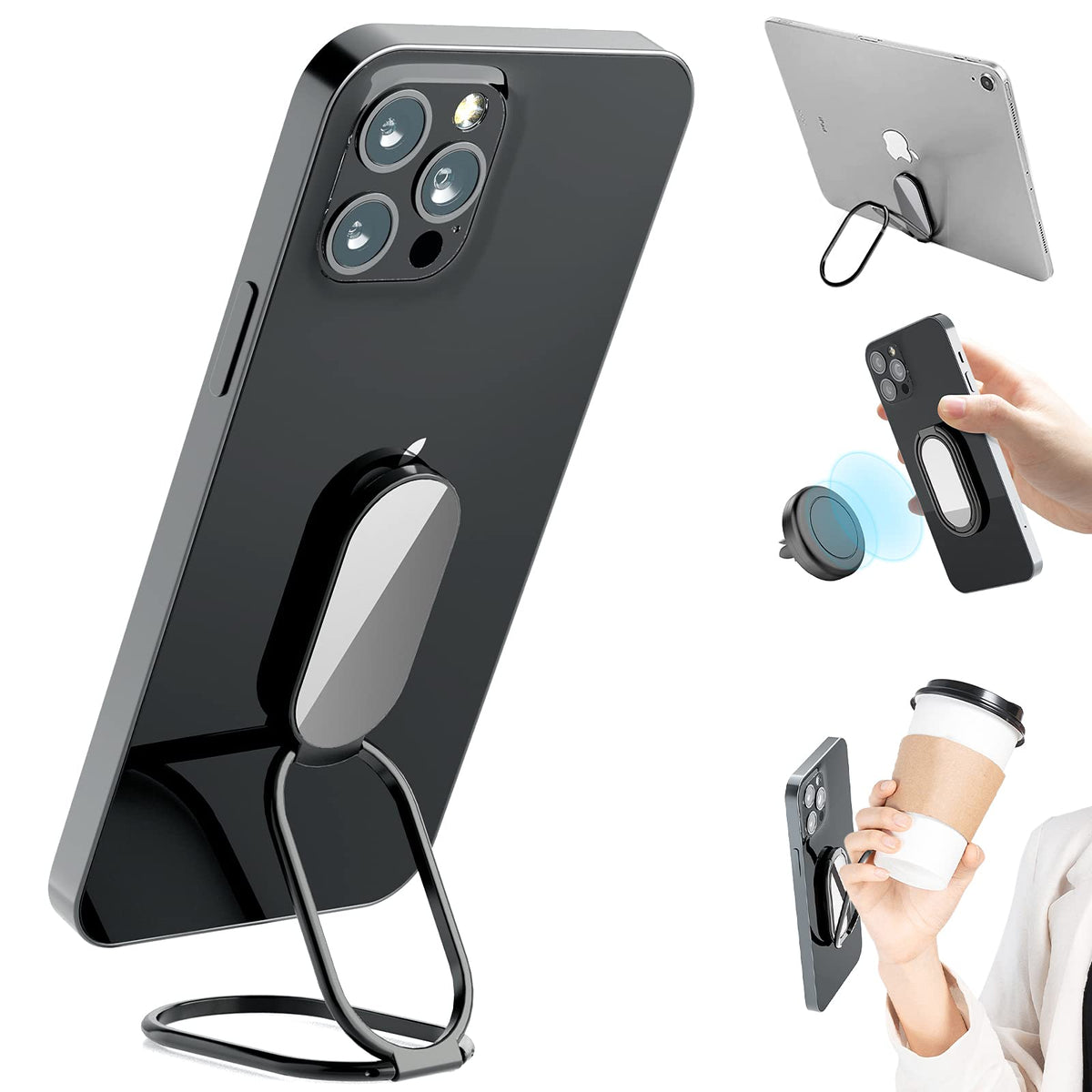 Phone Holder Foldable Phone Stand Phone Ring Holder Finger Kickstand 360° Rotation Cell Phone Stand Metal Phone Grip for Magnetic Car Mount Sticky Phone Grip Compatible with Most Smartphones