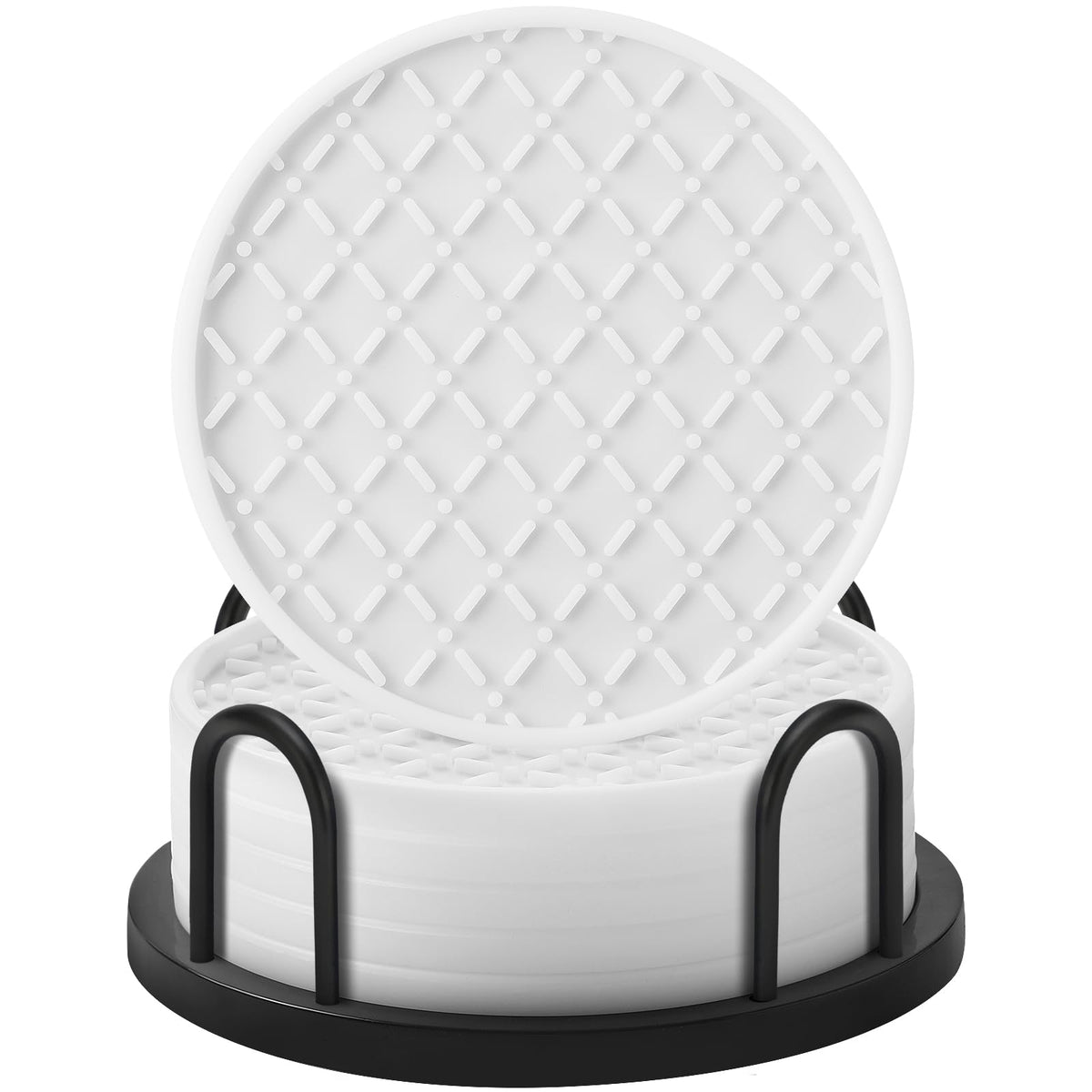 TWTLi Silicone Coasters Set of 8 with Holder, 4 Inch Non-Slip Waterproof Heat Resistant Drink Mats for Coffee Table, Desk, Kitchen, Bar, Outdoor Patio (Black, 6 PCS)