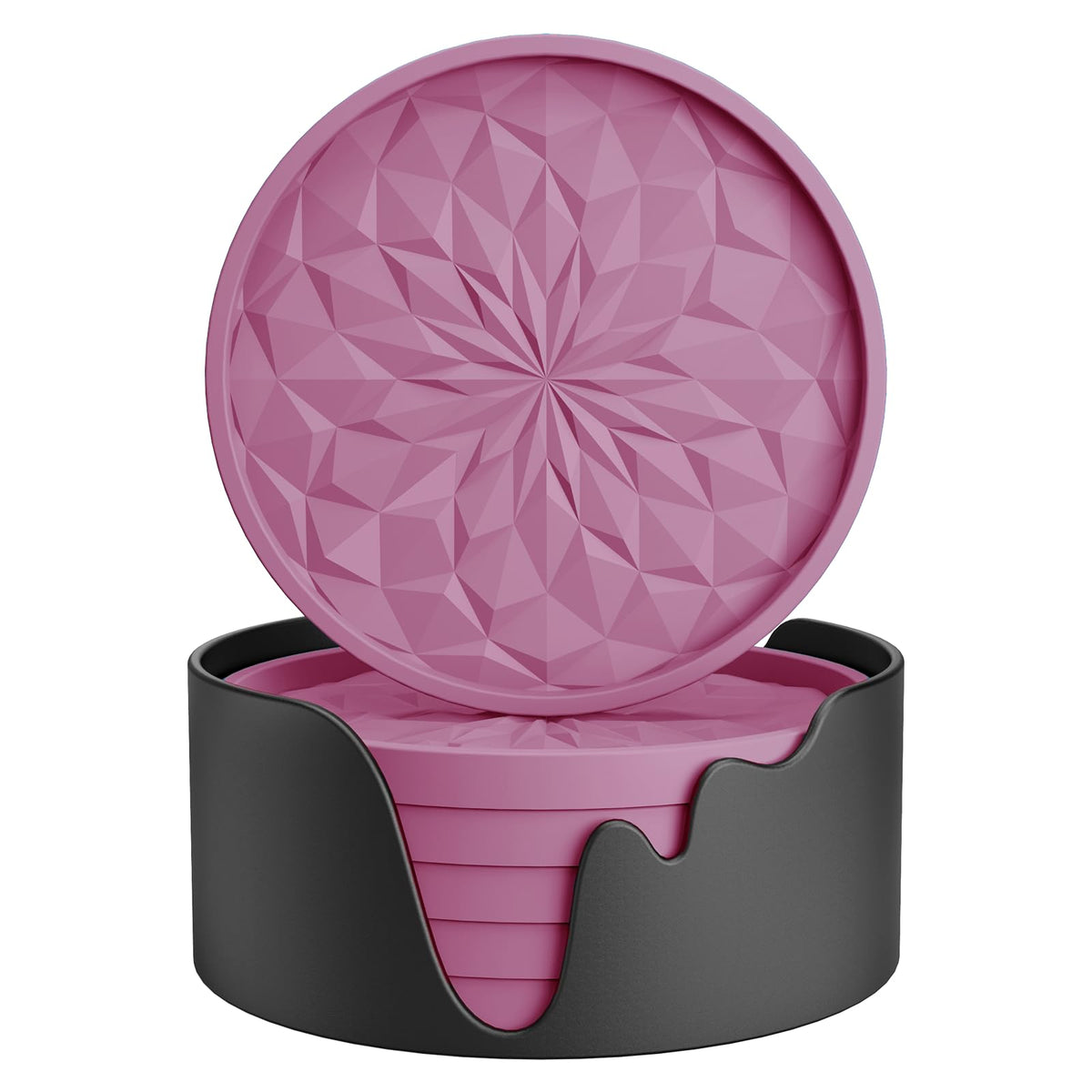 ME.FAN Silicone Coasters with Holder,[6 Pack] Drinking Coasters - Cup Mat for Hot or Cold Drinks, Thickened, Non-Slip, Non-Stick,Deep Tray Dark Purple