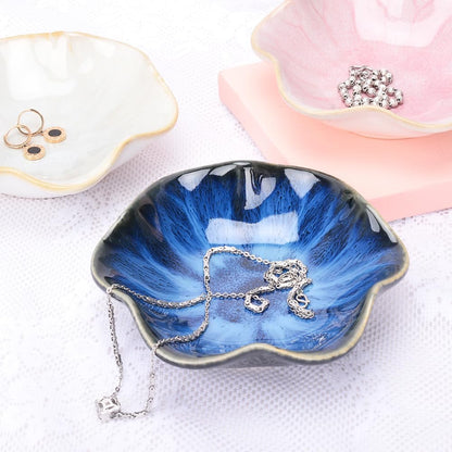 Blue Ceramic Leaf Jewelry Tray, Small Ring Dish Holder, Key Bowl, Trinket Catch-all for Nightstand or Entryway Table Decor