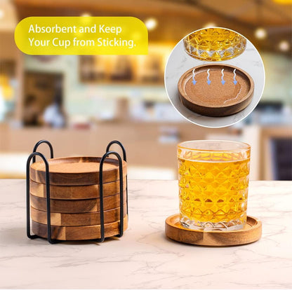 WLWNWFT Coasters for Drinks Absorbent with Holder, Acacia Wood Cork Coaster for Coffee Table Wooden Table Coaster for Farmhouse Desk Extra Large Coasters, Set of 6