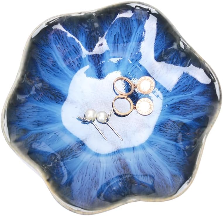 Blue Ceramic Leaf Jewelry Tray, Small Ring Dish Holder, Key Bowl, Trinket Catch-all for Nightstand or Entryway Table Decor