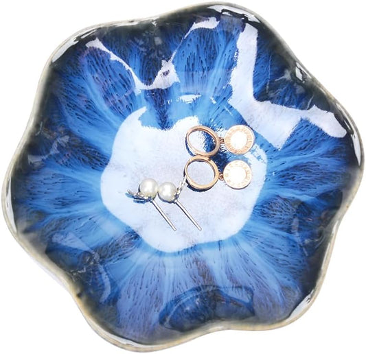 Blue Ceramic Leaf Jewelry Tray, Small Ring Dish Holder, Key Bowl, Trinket Catch-all for Nightstand or Entryway Table Decor