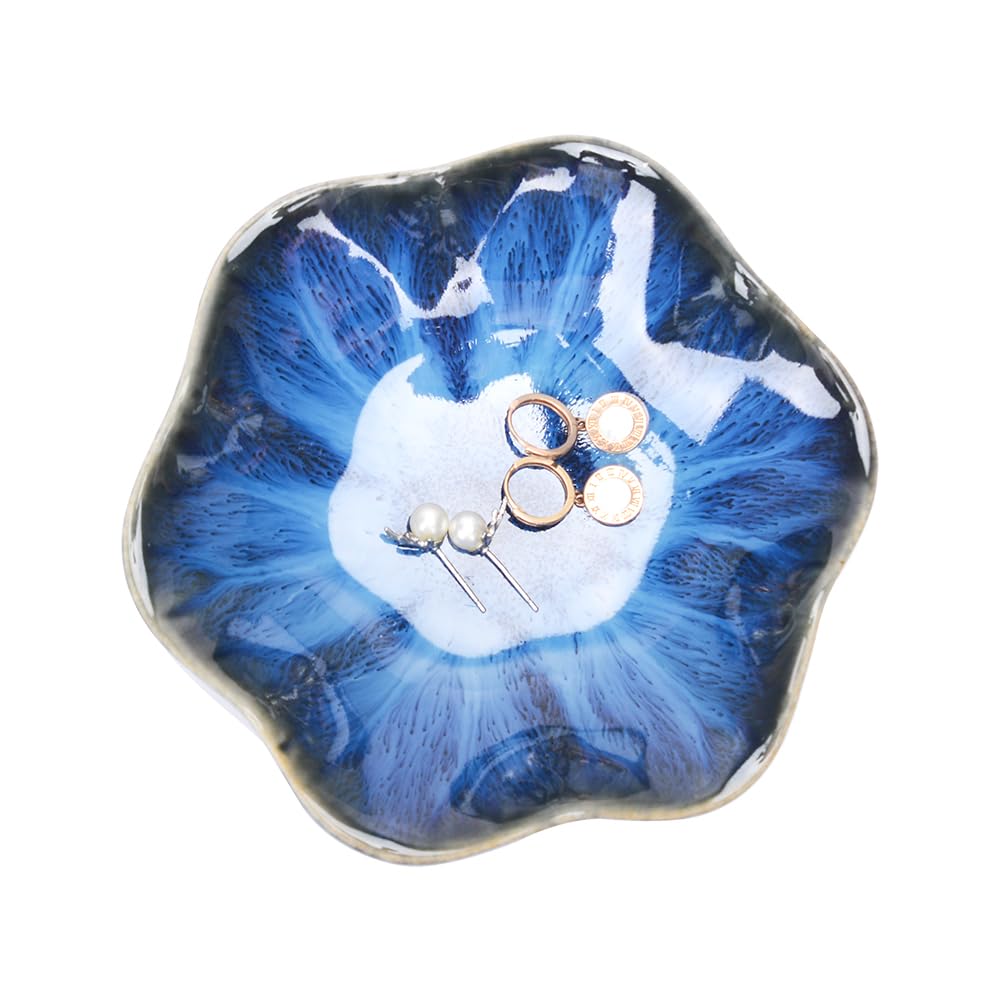 Blue Ceramic Leaf Jewelry Tray, Small Ring Dish Holder, Key Bowl, Trinket Catch-all for Nightstand or Entryway Table Decor