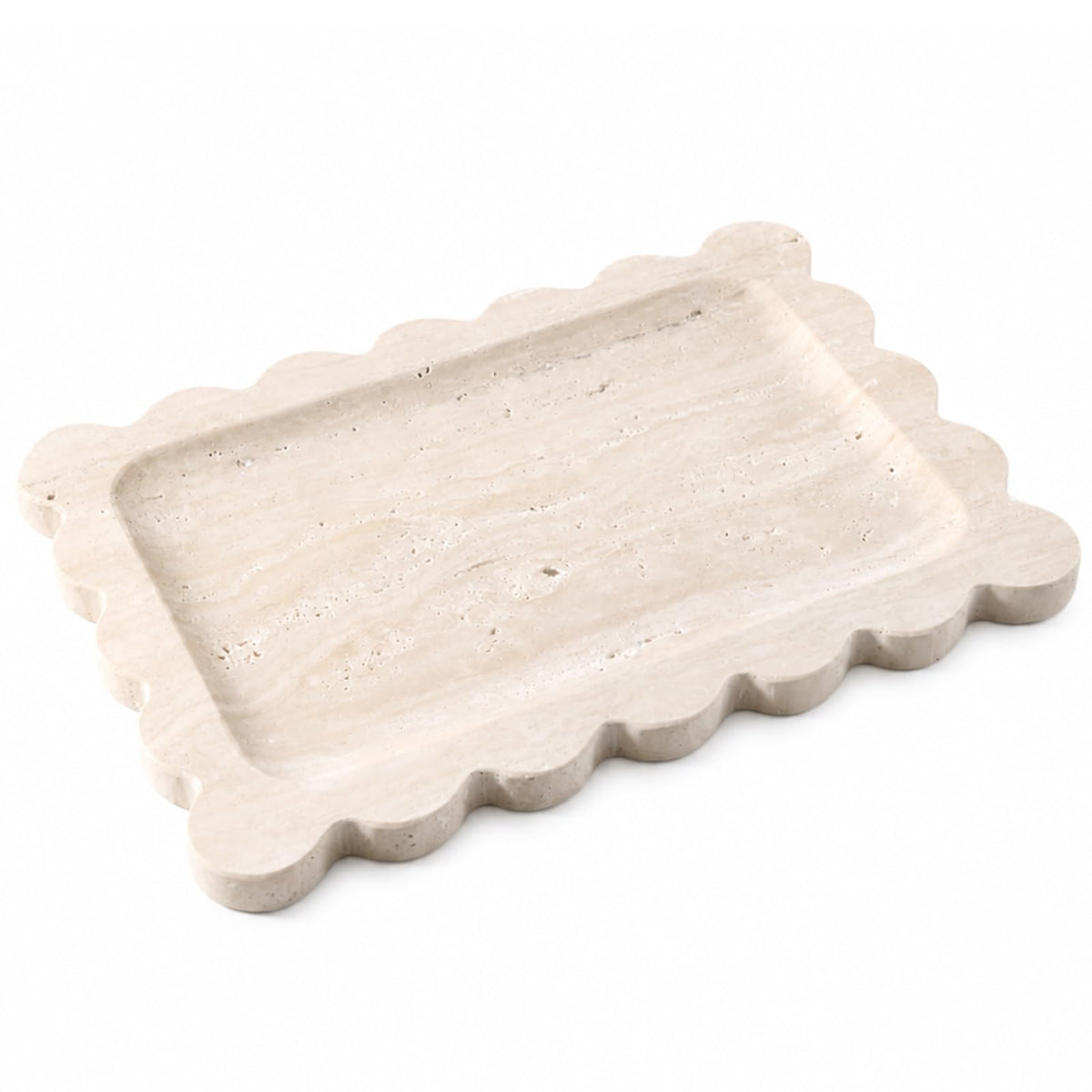 Koville 5.51" Travertine Tray, Natural Stone Trinket Dish for Ring Perfume, Round Scalloped Decorative Tray for Bathroom Vanity Dresser Countertop, Home Table Decor