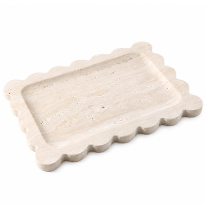 Koville 5.51" Travertine Tray, Natural Stone Trinket Dish for Ring Perfume, Round Scalloped Decorative Tray for Bathroom Vanity Dresser Countertop, Home Table Decor
