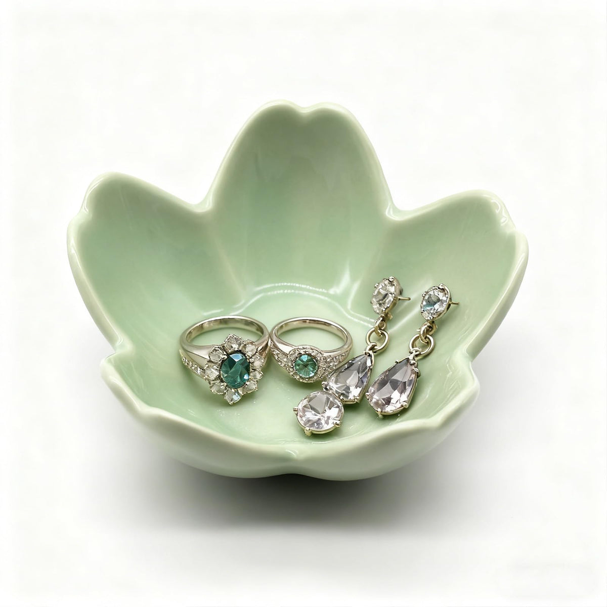 Ring Dish, Ceramic Jewelry Tray, Trinket Holder for Bathroom Nightstand, Small Decorative Bowl (Green)
