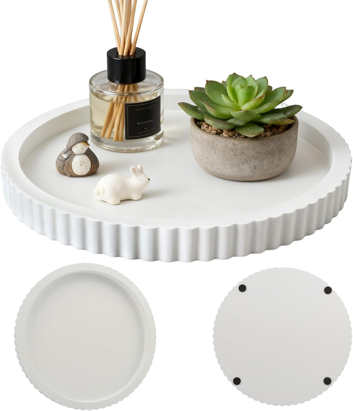 White Round Wood Tray, 11 in Fluted Vanity Tray