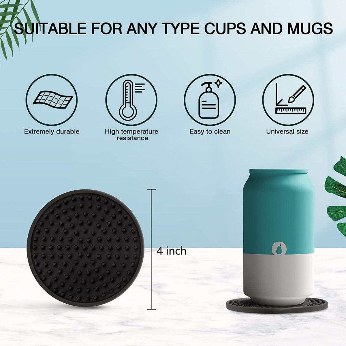 Silicone Drink Coasters [2 Pack] - Cup Coasters for Hot Or Cold Drinks, Non-Slip, Suitable for Home Decor, Kitchen, Office, Bar（Black）