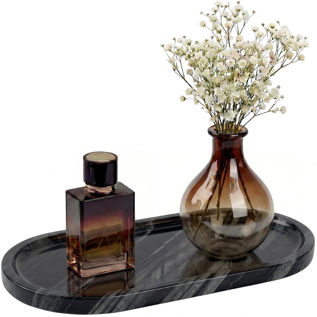 YKAJO Carrara White Gray Oval Marble Tray, 11.8x5.9 Perfume Organizer Dish