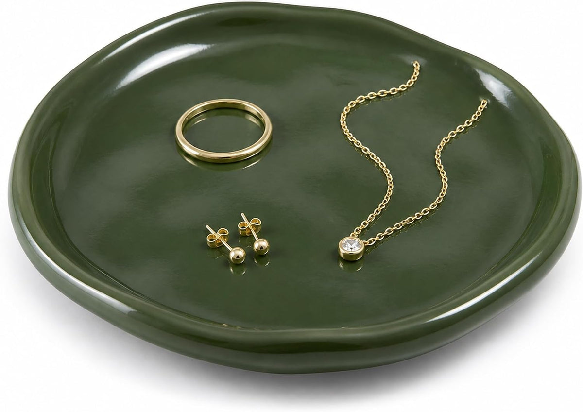 Jewelry Dish, Vintage Green Ceramic Round Shallow Ring Tray