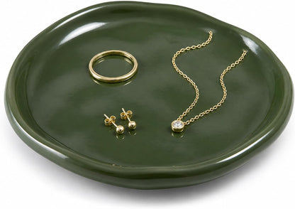 Jewelry Dish, Vintage Green Ceramic Round Shallow Ring Tray