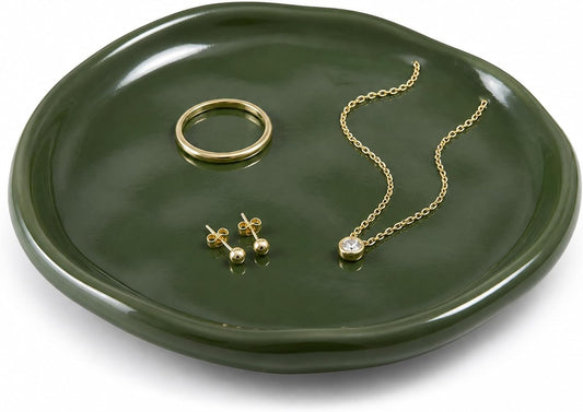 Jewelry Dish, Vintage Green Ceramic Round Shallow Ring Tray