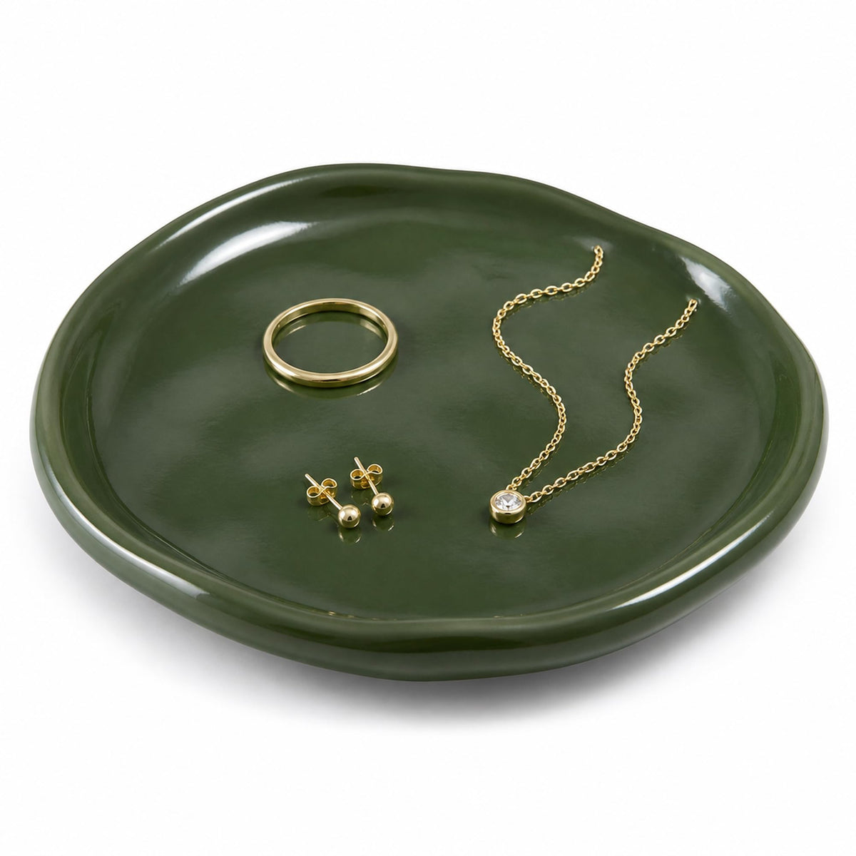 Jewelry Dish, Vintage Green Ceramic Round Shallow Ring Tray