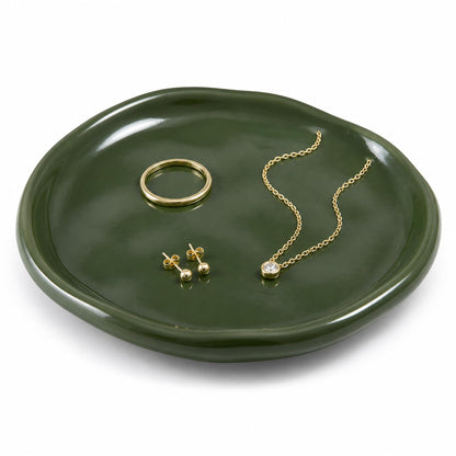 Jewelry Dish, Vintage Green Ceramic Round Shallow Ring Tray