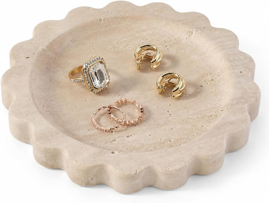 Koville 5.51" Travertine Tray, Natural Stone Trinket Dish for Ring Perfume, Round Scalloped Decorative Tray for Bathroom Vanity Dresser Countertop, Home Table Decor