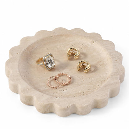 Koville 5.51" Travertine Tray, Natural Stone Trinket Dish for Ring Perfume, Round Scalloped Decorative Tray for Bathroom Vanity Dresser Countertop, Home Table Decor