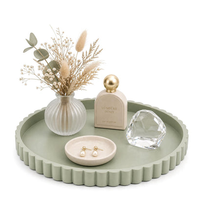 Silicone Bathroom Vanity Trays for Counter - 9.1 Inch Round Small Bathroom Tray with Scalloped Edge Vanity Organizer, Coffee Table Decor, Decorative Tray for Candle Key Skincare Perfume Storage, Beige