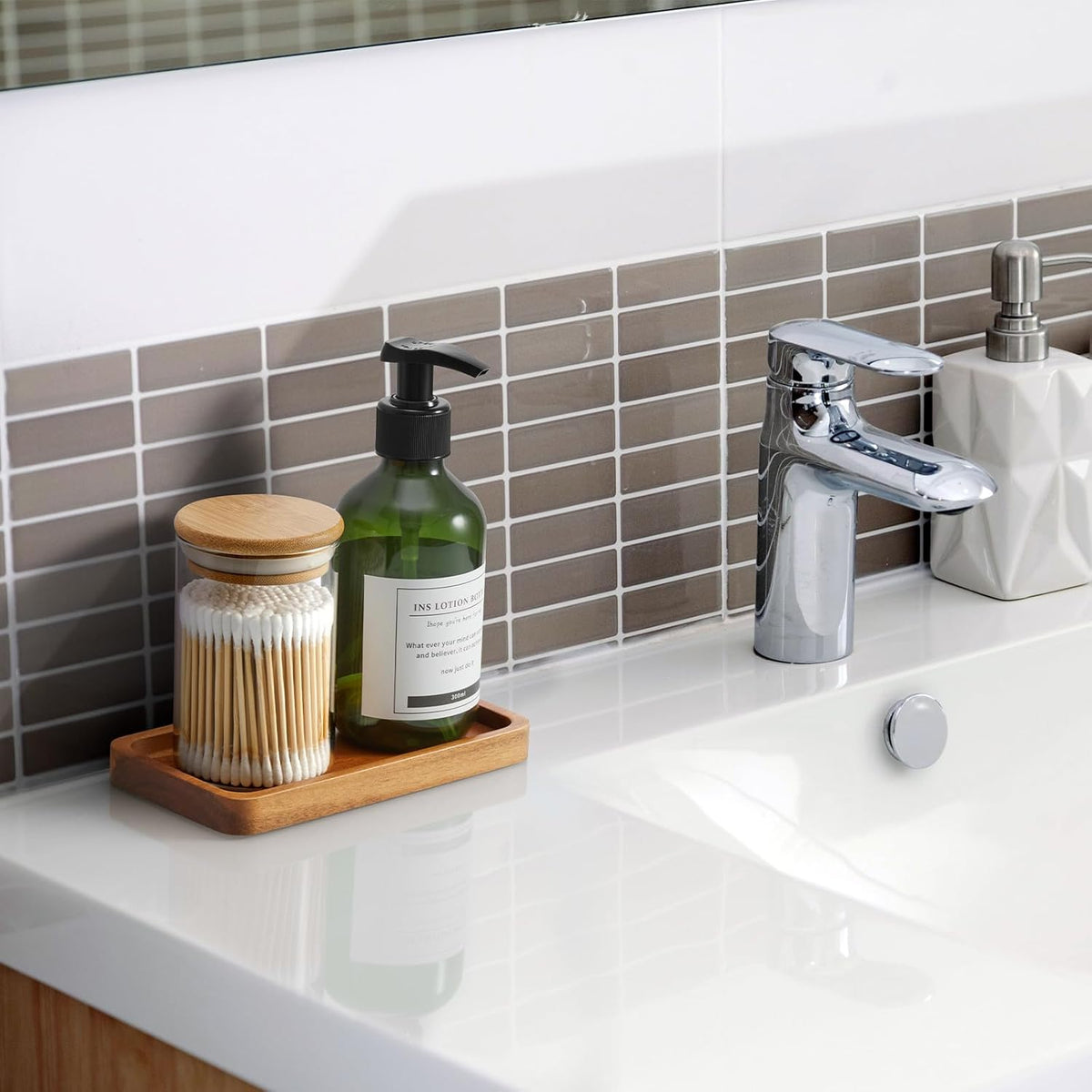 ALELION 6" Small Tiny Bathroom Vanity Tray for Counter - Acacia Wood Dish Soap Dispenser Tray for Kitchen - Decorative Tray for Kitchen Dresser Tops Perfume Jewelry