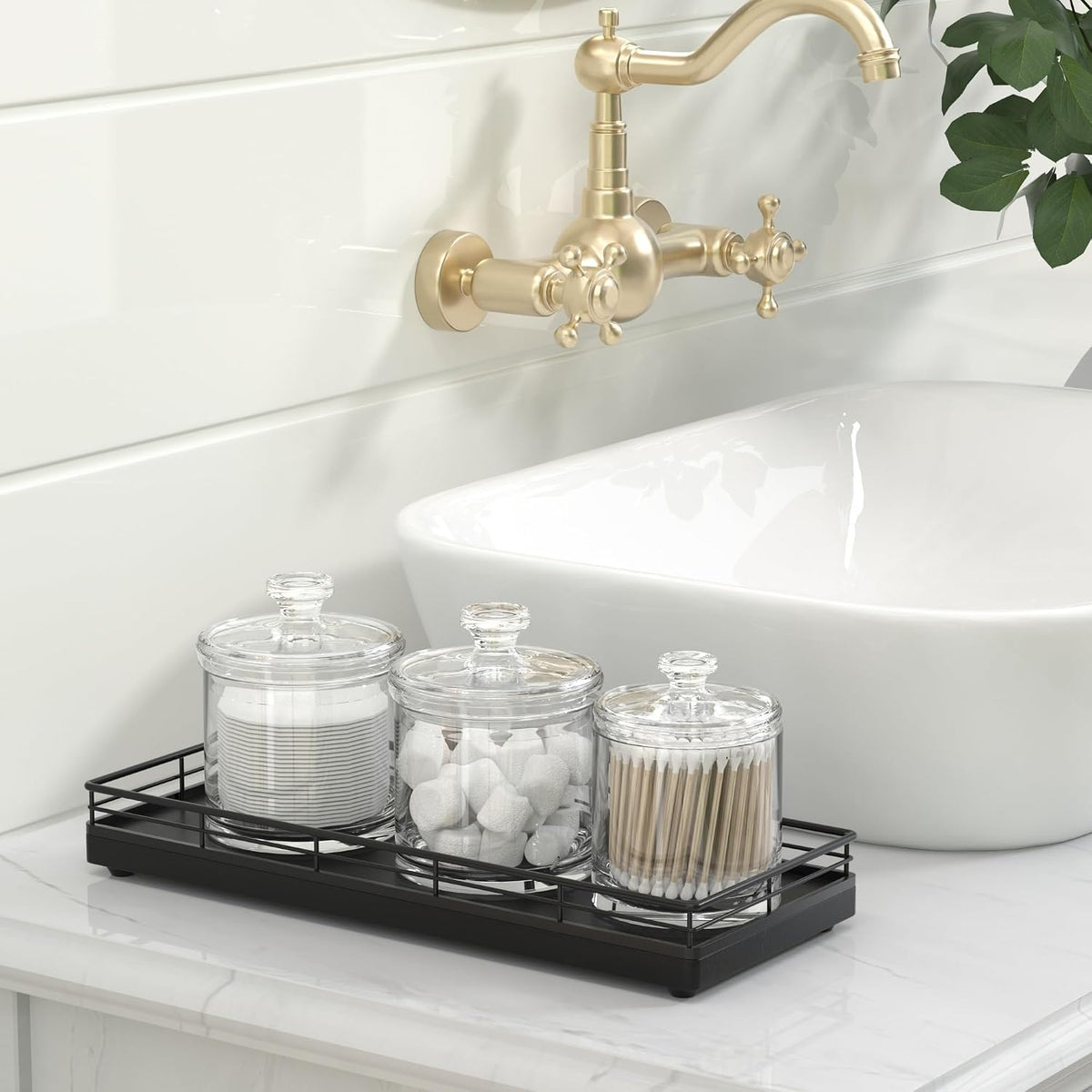 Bathroom Tray for Counter, Oak Wood 11" L Small Vanity Tray for Dresser Tops Perfume Jewelry Makeup Candle Soap Sponge Holder for Kitchen Countertop Organizer Coffee Table Decor Bar Black