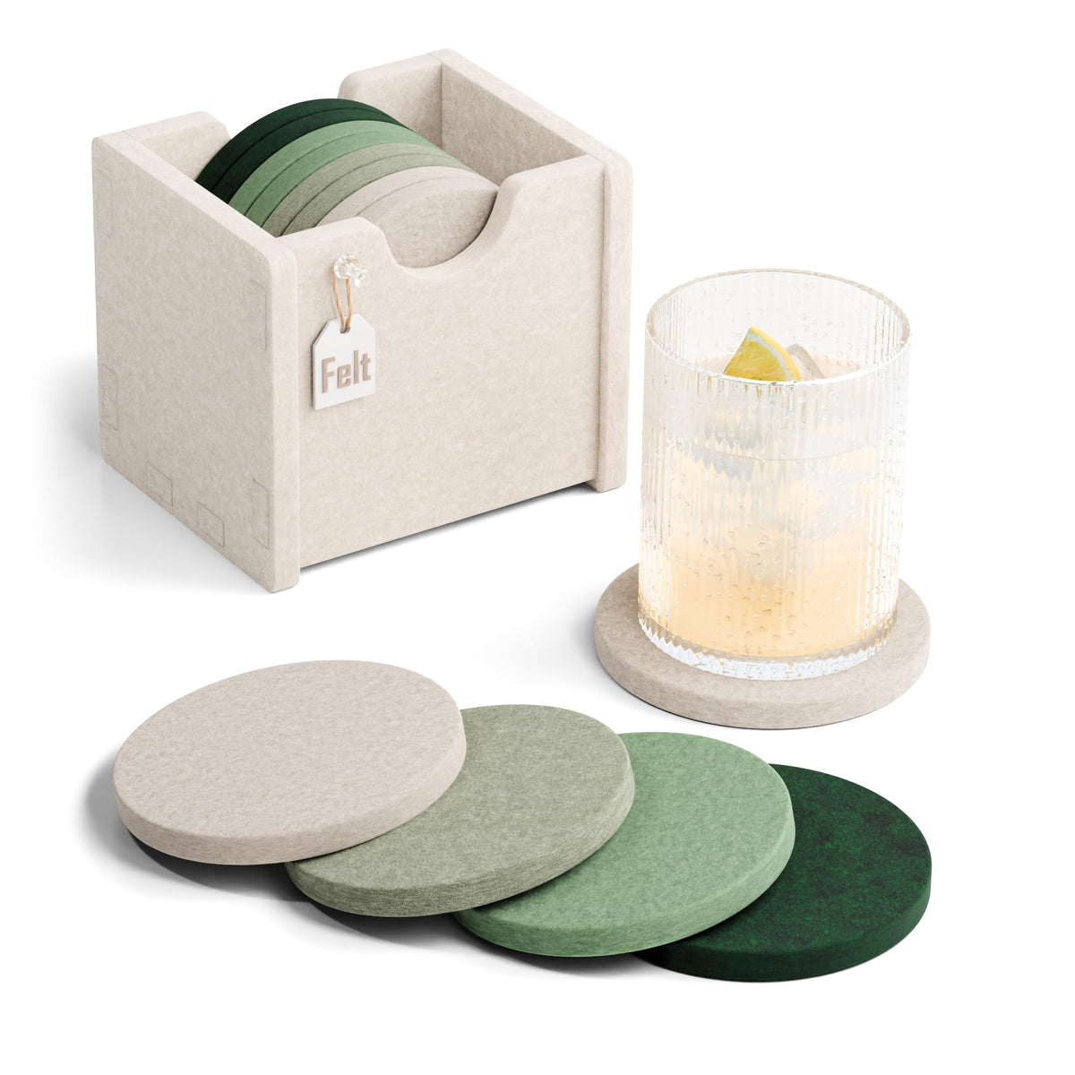 Fluxynara Felt Coasters with Holder, Set of 8 for Drinks, Sage - Arch