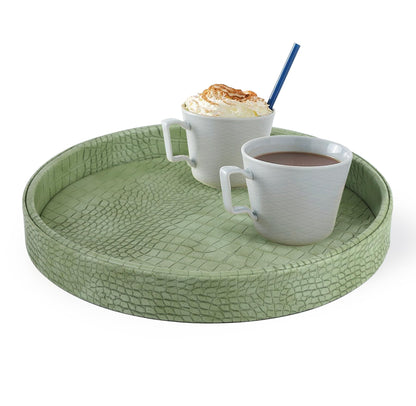 HofferRuffer Faux Leather Round Serving Tray, Vegan Croco Leather Decorative Tray, Food Tray for Storage Drinks, Snack & Cosmetics, Dia.12'' x 1.6'' (LightBlue)