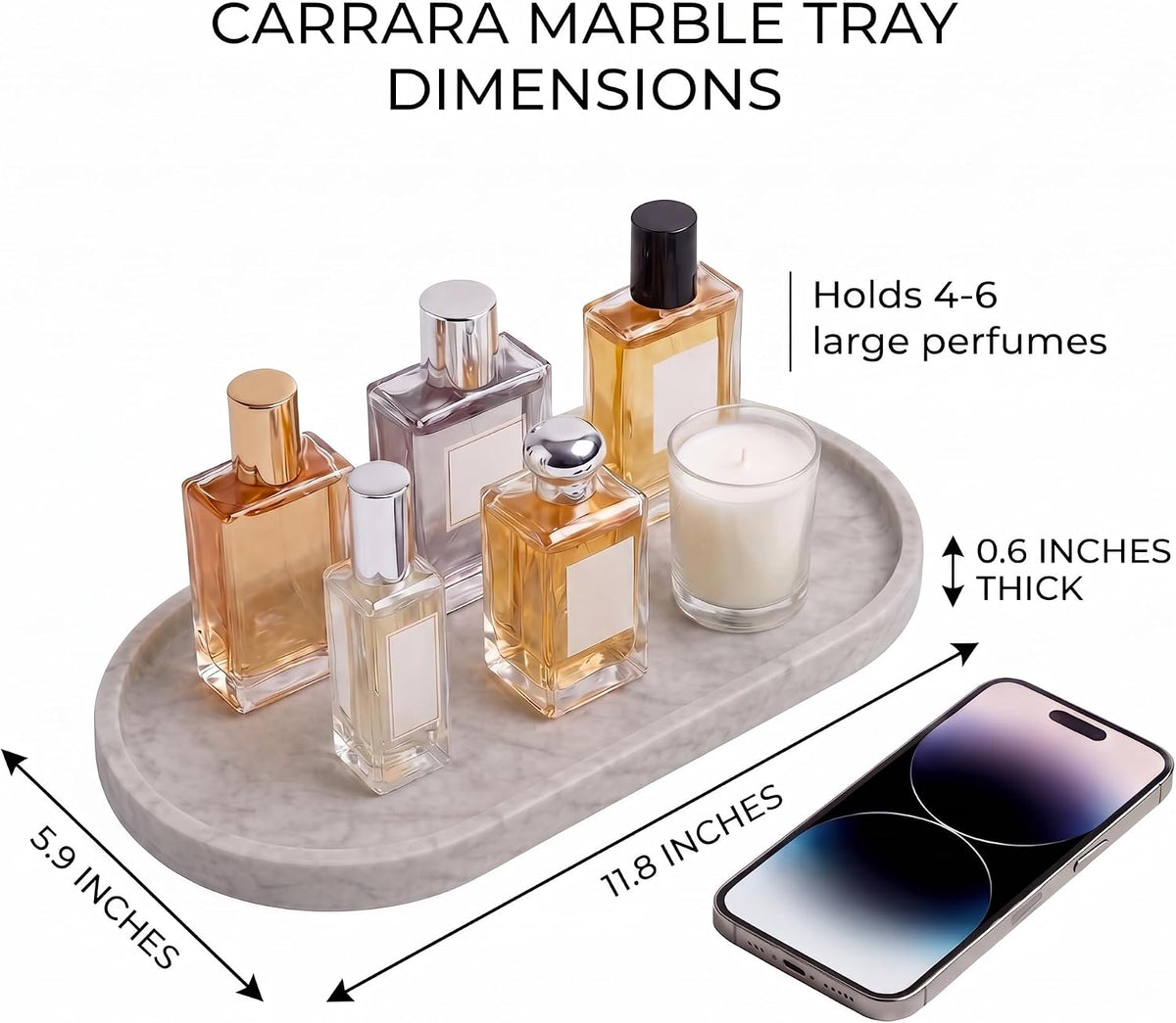 YKAJO Carrara White Gray Oval Marble Tray, 11.8x5.9 Perfume Organizer Dish