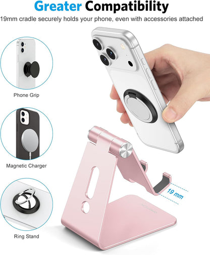 OMOTON Adjustable Cell Phone Stand, C2 Aluminum Desktop Phone Holder Dock Compatible with iPhone 15 14 13 Xs XR 8 Plus 7 6, Samsung Galaxy, Google Pixel, Android Phones, Rose Gold
