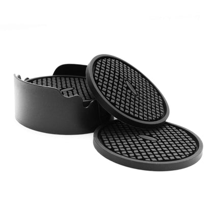 IYYI Silicone Coasters Set of 6, Drink Coasters with Holder, Non-Slip Cup Mat, Deep Tray Absorbent Coaster, Heat Resistant Countertop Protection (Black-Square)