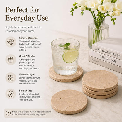 4" Natural Travertine Stone Coasters Set of 4,Round Stone Cup Coasters