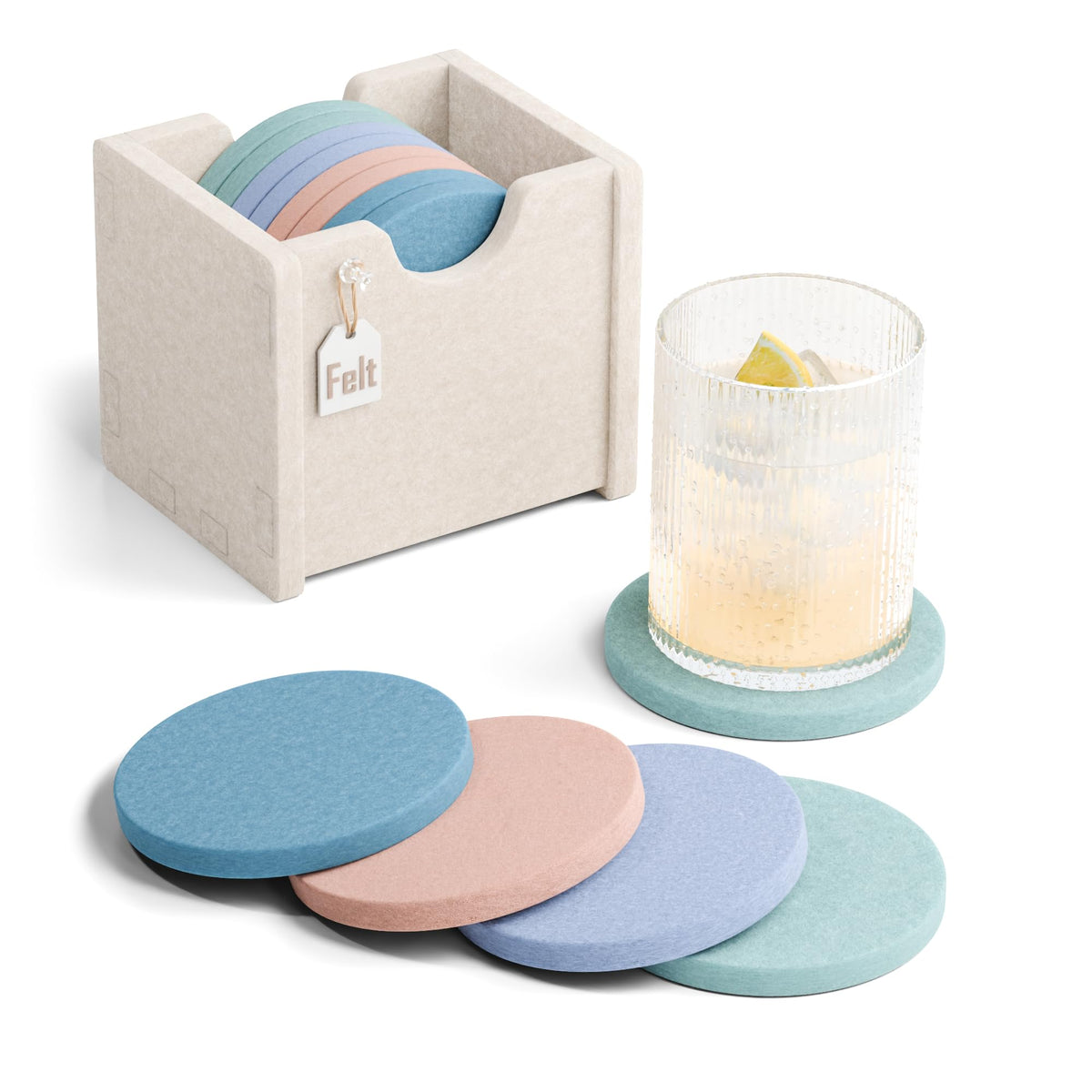 Fluxynara Felt Coasters with Holder, Set of 8 for Drinks, Sage - Arch