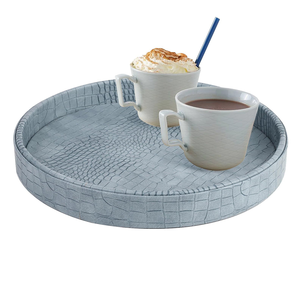 HofferRuffer Faux Leather Round Serving Tray, Vegan Croco Leather Decorative Tray, Food Tray for Storage Drinks, Snack & Cosmetics, Dia.12'' x 1.6'' (LightBlue)