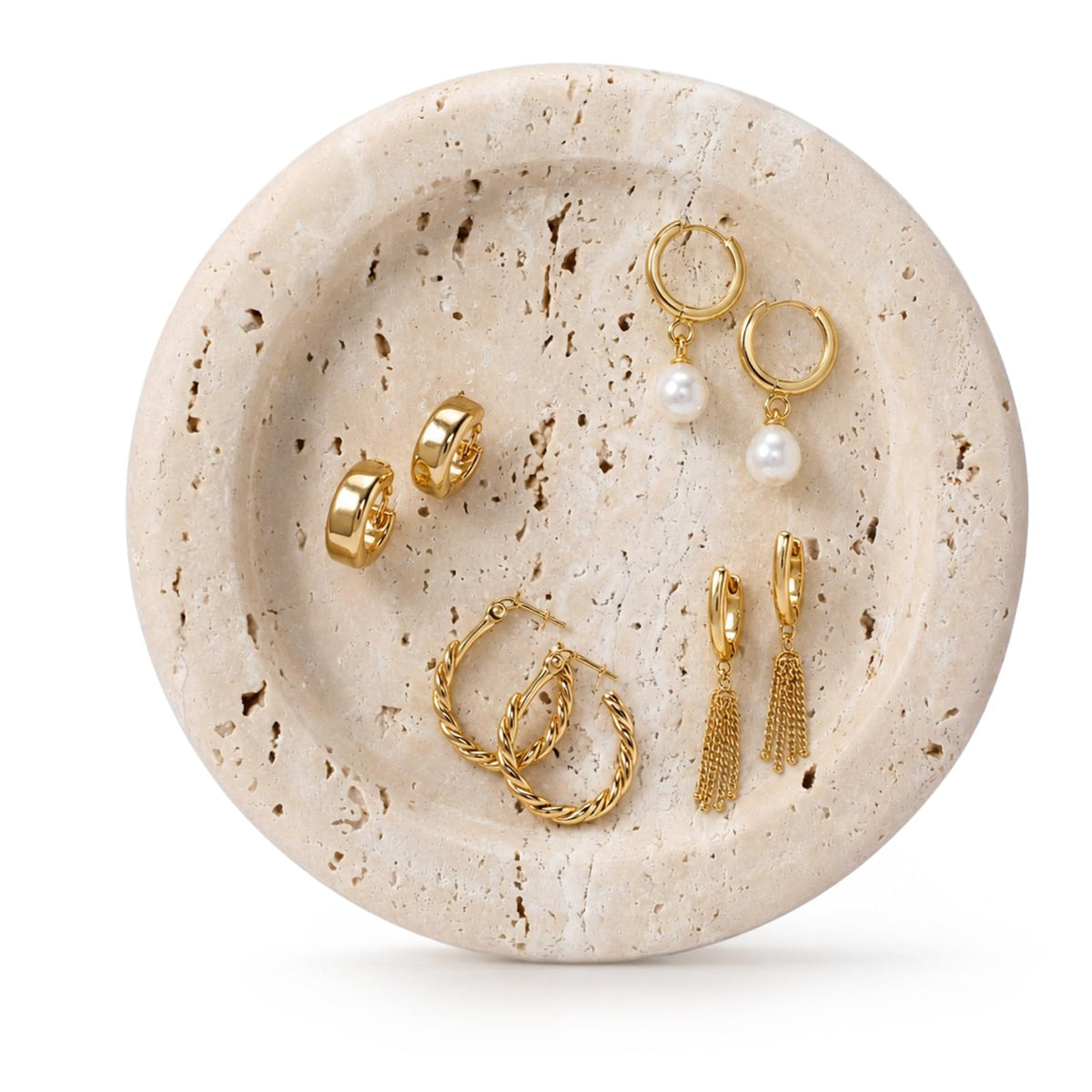 Threehoney 5.5 Inch Small Travertine Stone Tray, Round,Scallop