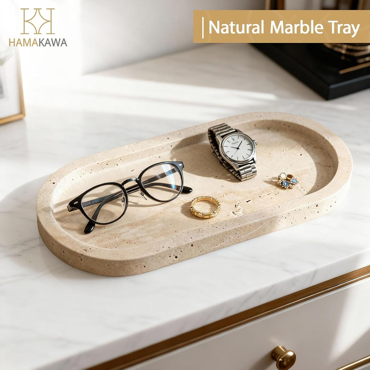 Turkish Marble Perfume Tray, Beige Bathroom Tray 10 Inch