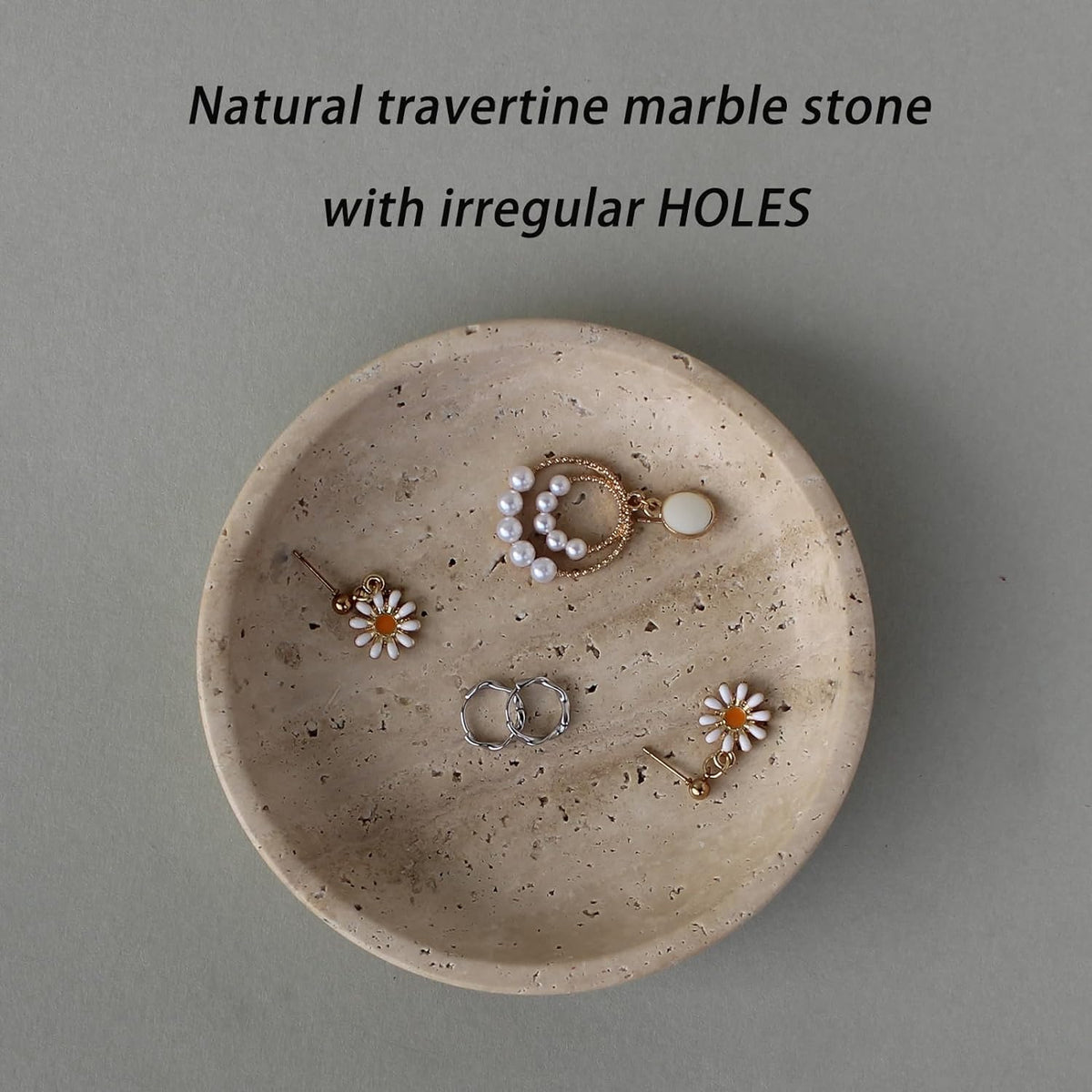 Nawgnail Natural Travertine Marble Jewelry Dish 5.5", Trinket Dish for Ring Earring, Gift for Woman Daugther(Beige Travertine)