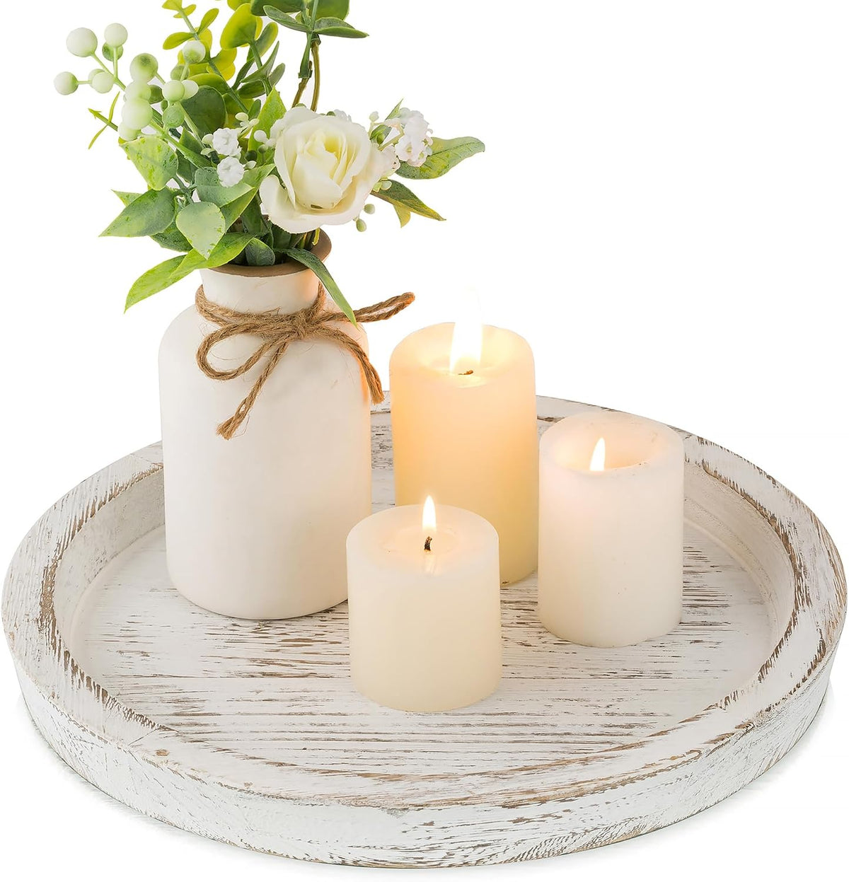 Hanobe Round Wood Candle Holder Trays for Coffee Table, Rustic White Finish