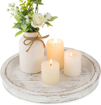 Hanobe Round Wood Candle Holder Trays for Coffee Table, Rustic White Finish